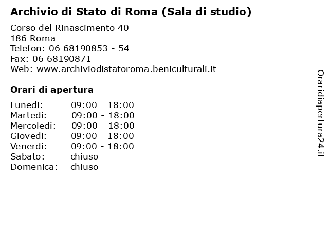 Orari di apertura Archivio di Stato di Roma Sala di studio